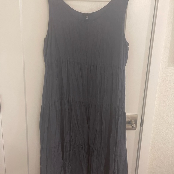 Eileen Fisher Old Money Silk Pleated Layered Charcoal Sleeveless Maxi Dress - Picture 3 of 9